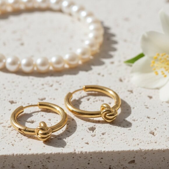 🆕️Chic Knot Accent 18K Gold Hoop Earrings - Trendy Stainless Steel Minimalist - Picture 7 of 12